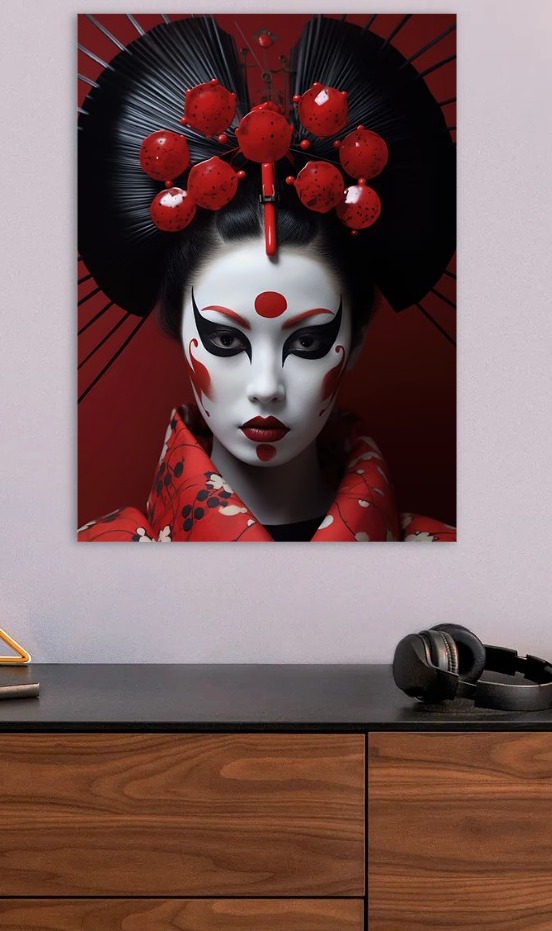 Geisha Portrait with Red and Black Accen — metal poster wall art by Lineer